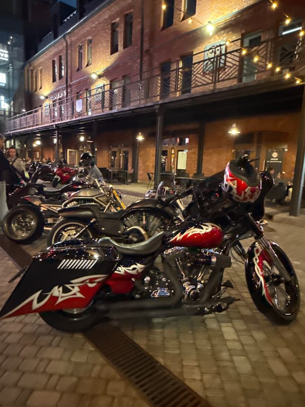 Motorcycle gathering with street piano performance in Saint Petersburg