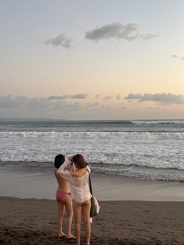 North Kuta beach at dusk, people, a dog, and soft pink skies