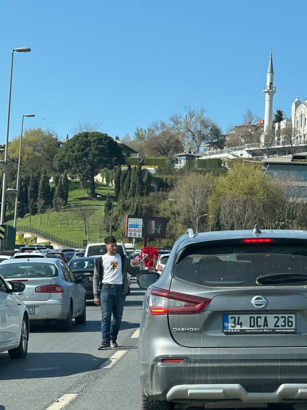 Flower vendor sells roses to drivers in Üsküdar traffic