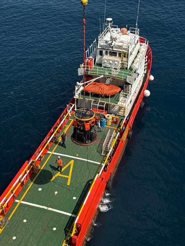 Offshore supply vessel conducts personnel transfer operation at sea