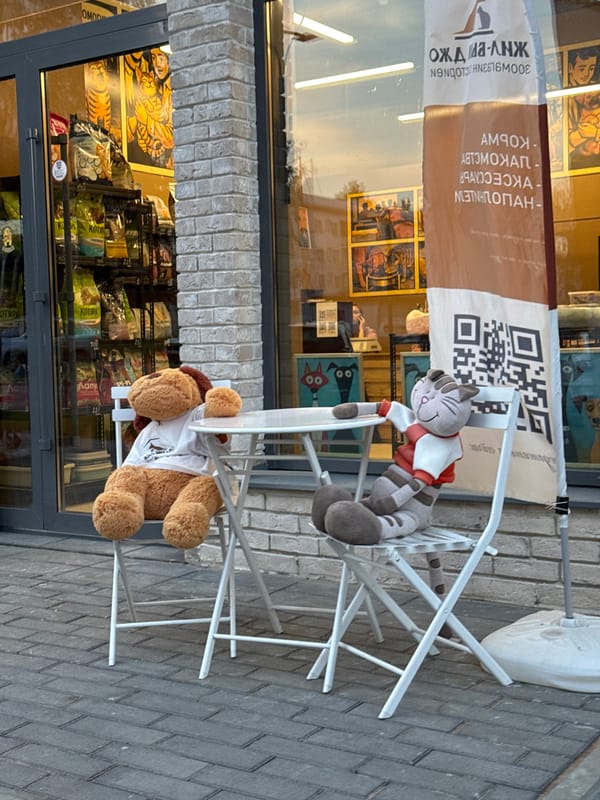 Plush toys at a sidewalk table, contrail over Izhevsk