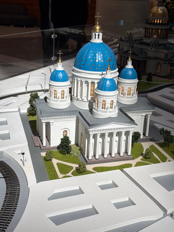 Architectural models of Saint Petersburg landmarks on display indoors