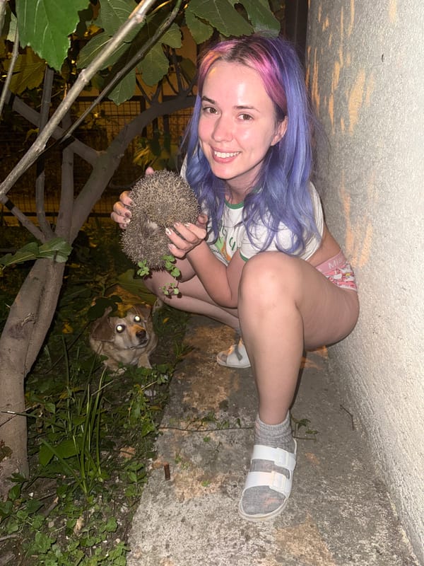 Woman with colorful hair holds hedgehog in Zagreb