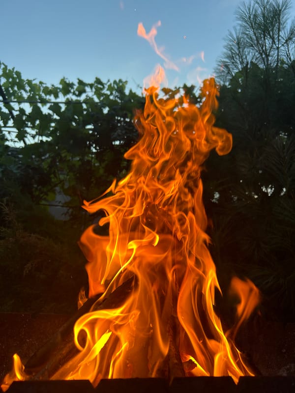 Open fire burning in a metal brazier outdoors