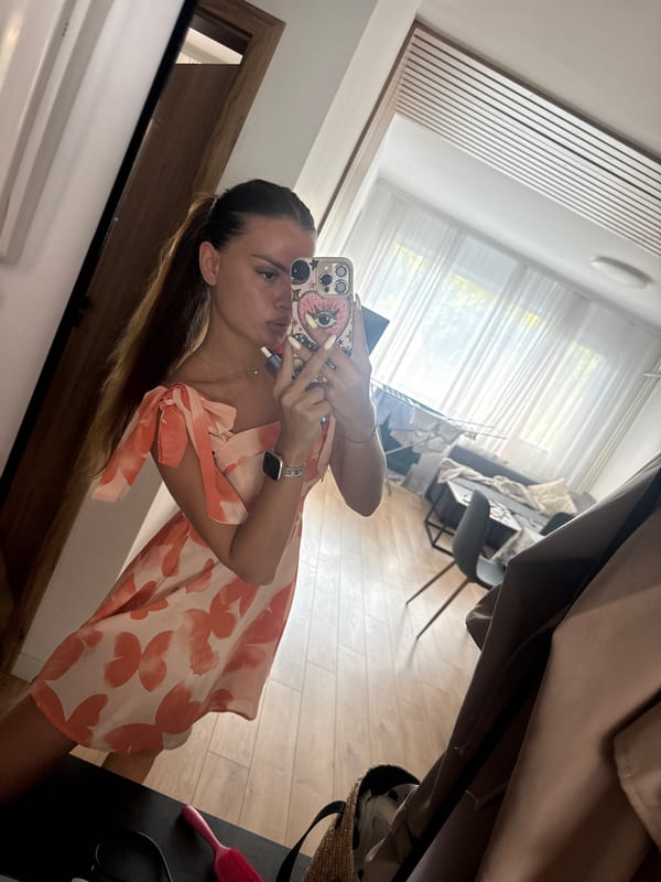 Getting ready in Plovdiv, orange floral dress, indoor and outdoor.