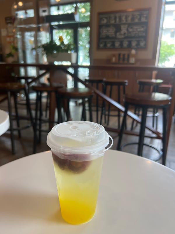Fruity drink in a plastic cup, Krasnoyarsk