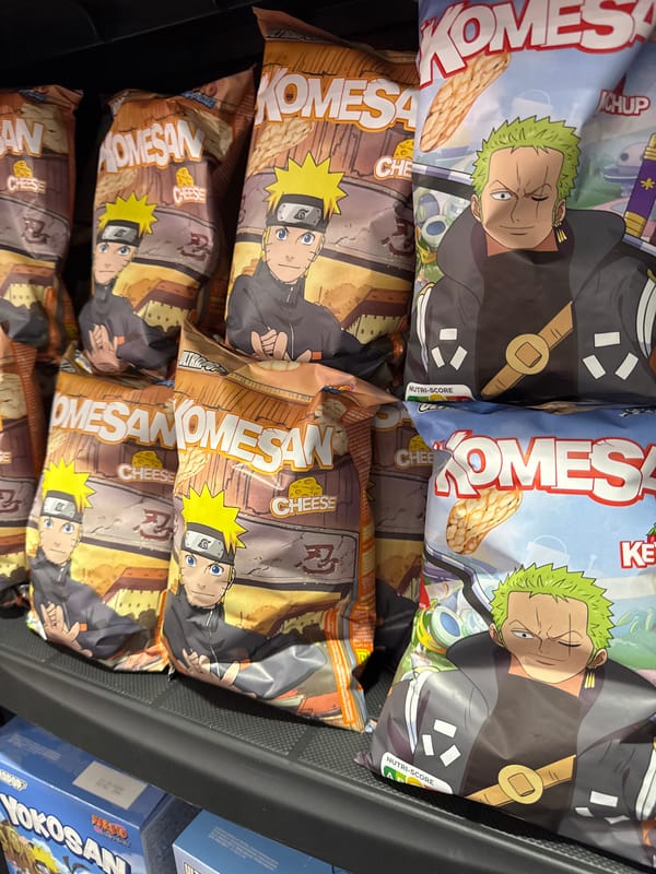 Anime merch, figurines, and novelty snacks at a Sofia retail spot