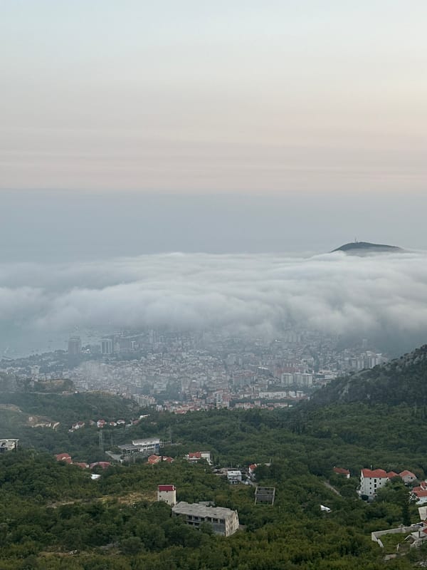 Dense fog blankets the coastline near Lapčići, Montenegro