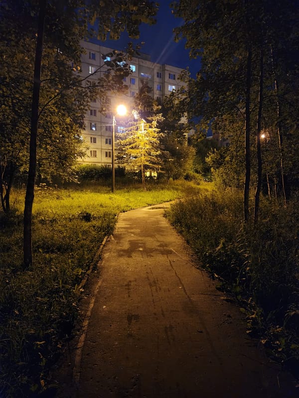 Lit walkway through a grassy area near a residential building at night.
