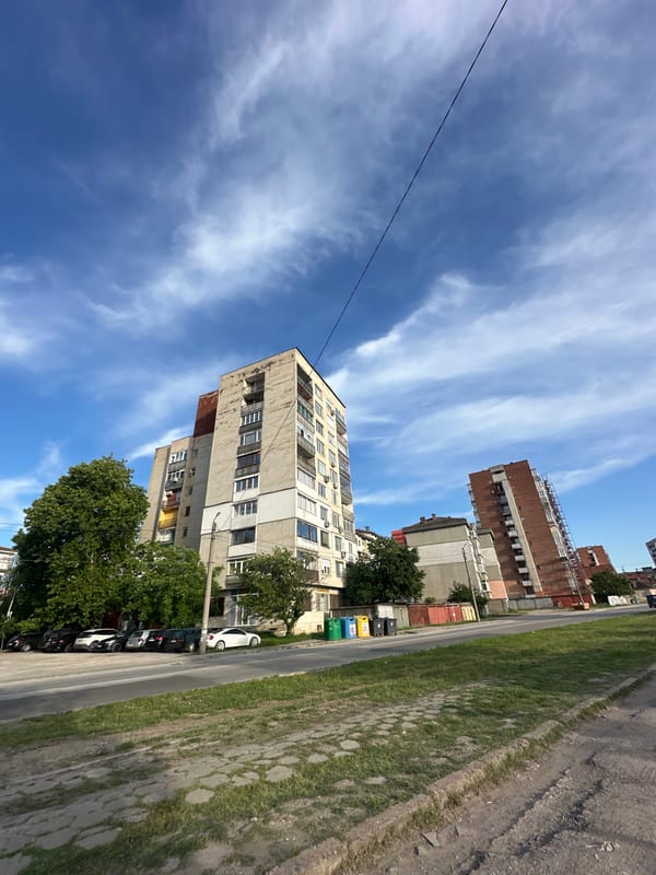 Residential buildings photographed from street level in Lovech, Bulgaria