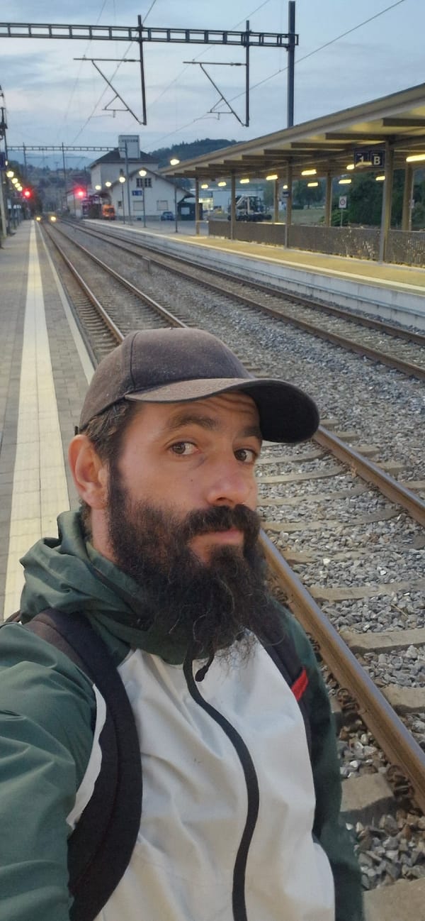 Train platform and rural countryside, late day