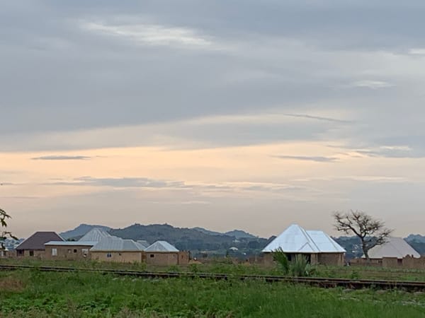 Overcast morning in Kuru Karama: fields, construction, and a moth on a curtain