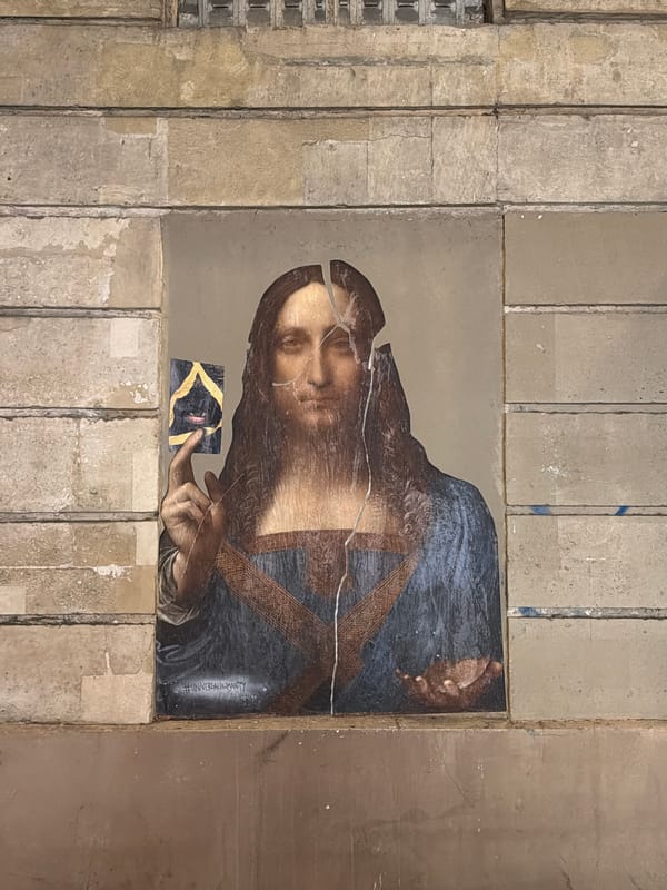 Paris scenes: café gathering and damaged religious artwork documented