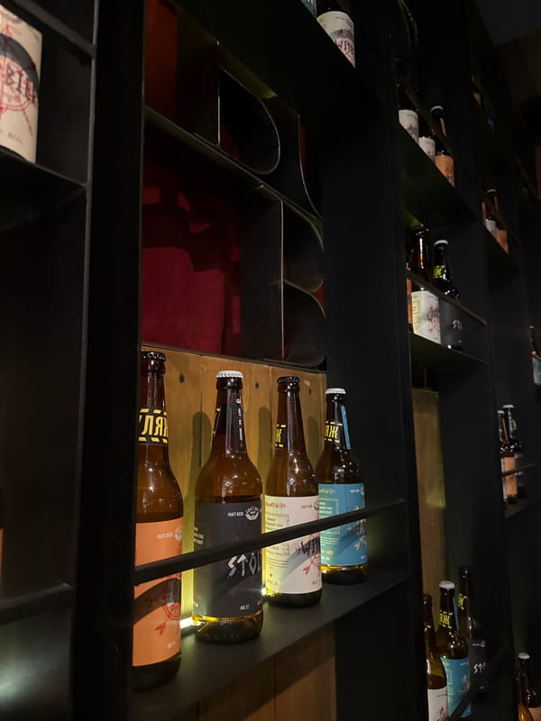Craft beer display photographed in Yekaterinburg bar setting