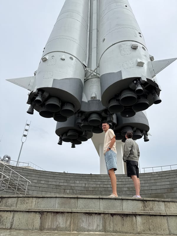 Visiting Kaluga's Vostok rocket monument on an overcast day