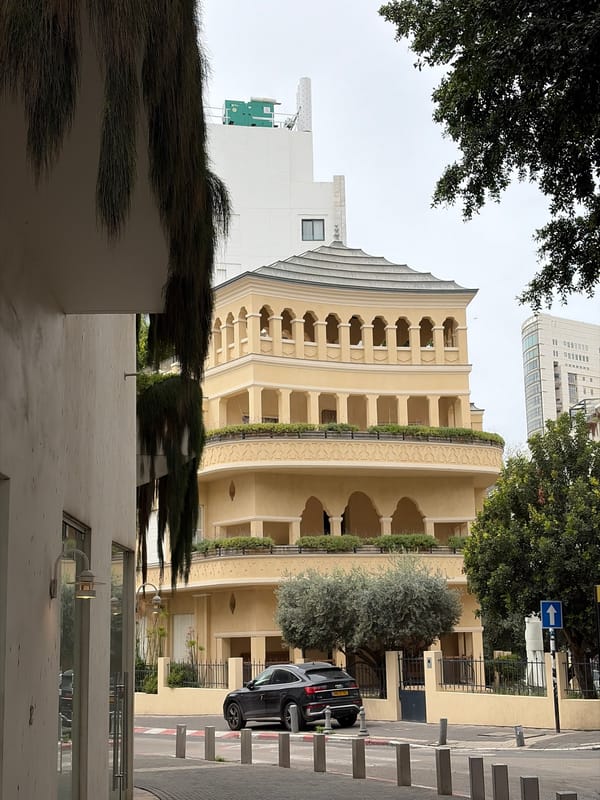 Tel Aviv street architecture with green balcony vegetation documented