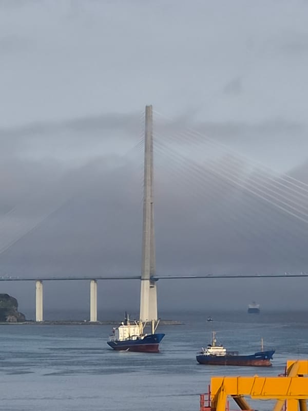 Vladivostok's foggy port and Russky Bridge on a quiet morning