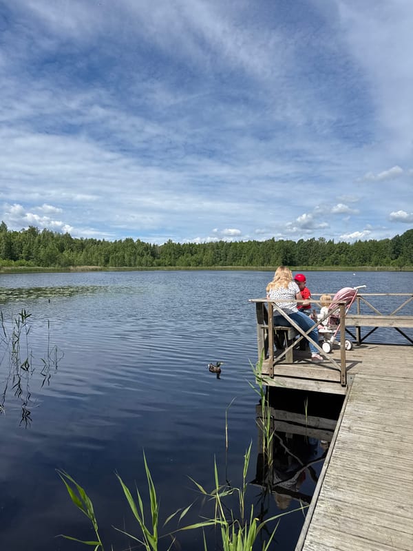 Summer morning at a Finnish lakeside park with mini-golf