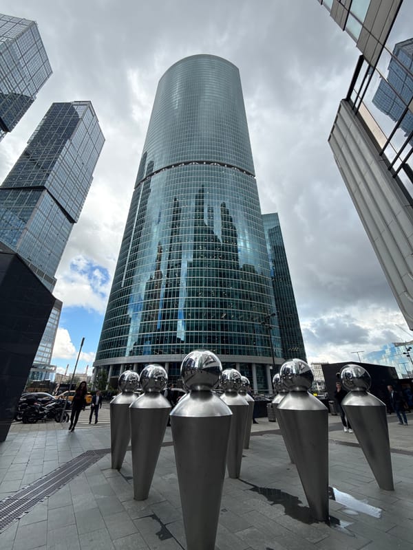 Moscow City business district on a rainy, cloudy afternoon