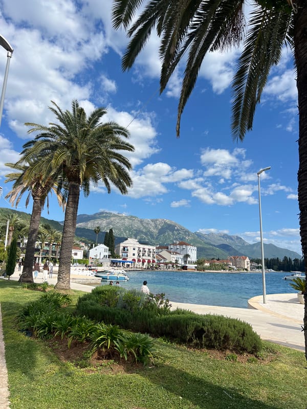 Sunny afternoon documented along Tivat Montenegro waterfront promenade May 2026