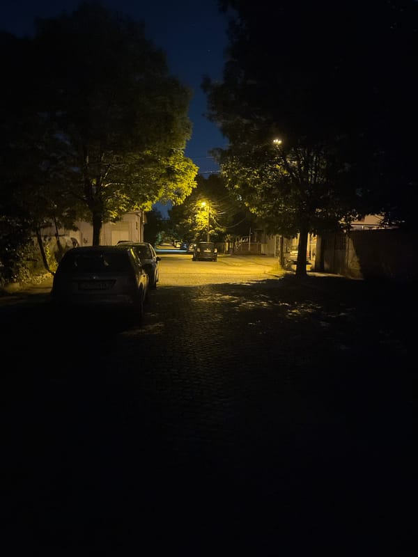Nighttime street scene documented in Sofia, Bulgaria