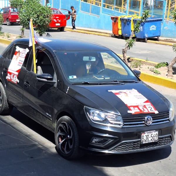 Campaign vehicles and materials observed in Mariano Melgar, Peru