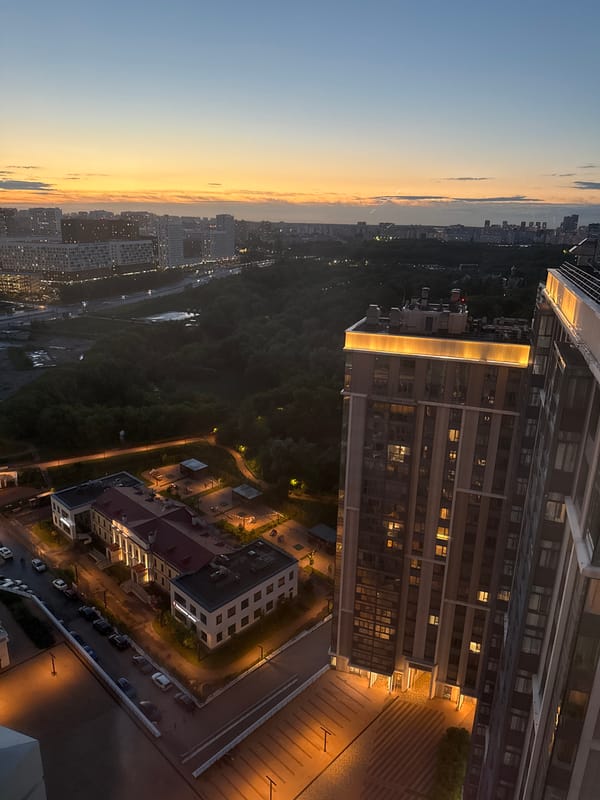 Dusk settles over Dolgoprudny's residential skyline