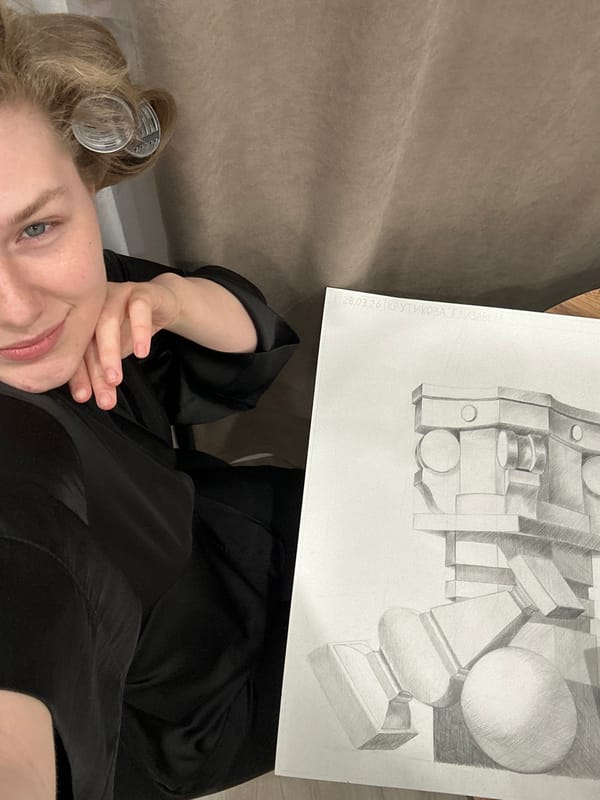 Woman with hair rollers displays geometric pencil sketch in Kazan