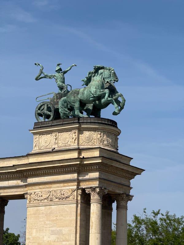 Tourist documents Heroes' Square monument and museum in Budapest