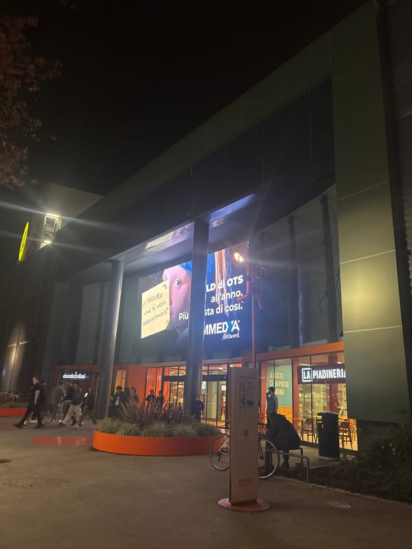 Nighttime commercial area documented in Milan, Italy