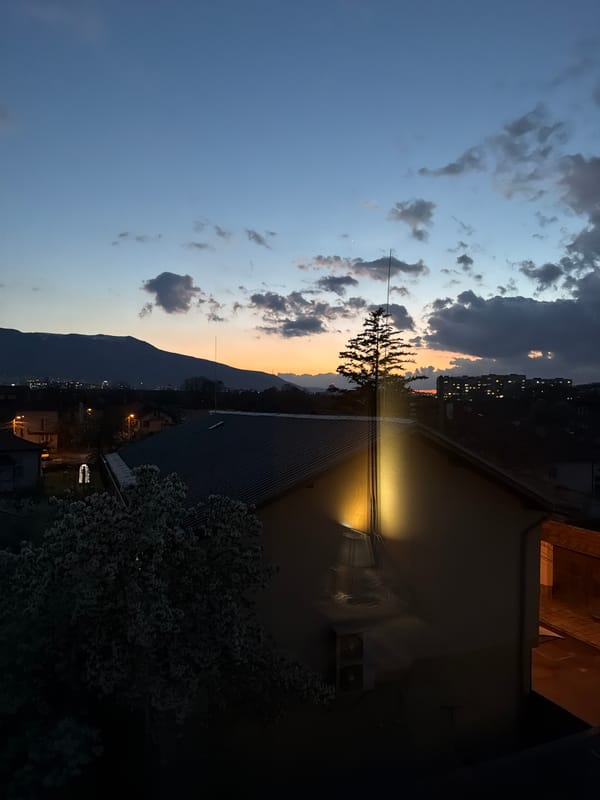 Evening sky transition observed over Sofia residential area