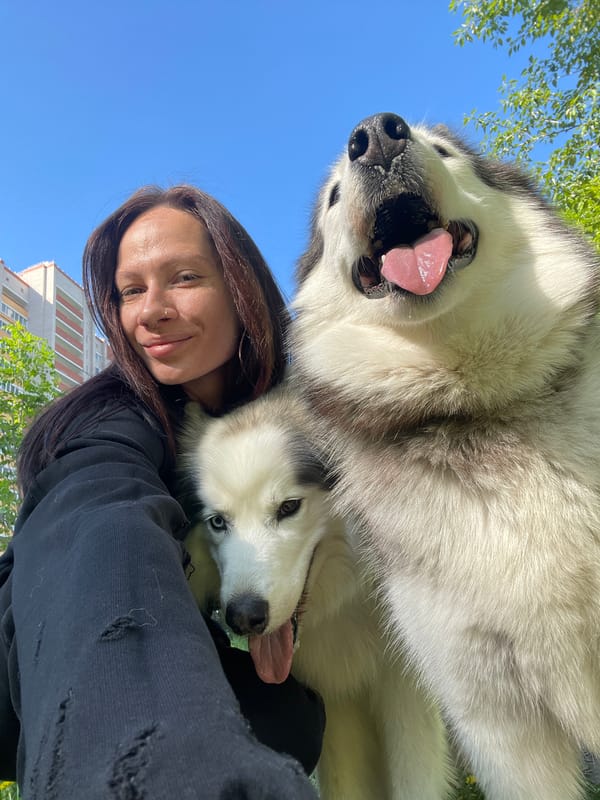 Woman enjoys early morning time with huskies in Izhevsk