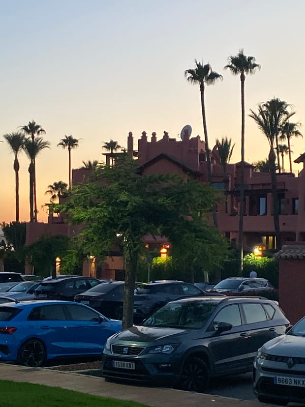 Dusk settles over Estepona's coastal park under a full moon