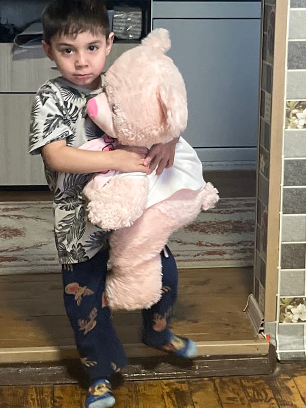Child with pink teddy bear in decorated room
