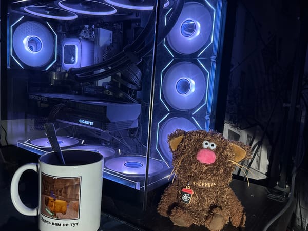 Cats, gear, and a PC setup in an Almaty apartment