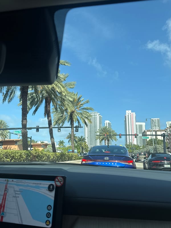 Driver documents evening journey past Hallandale Beach landmark water tower