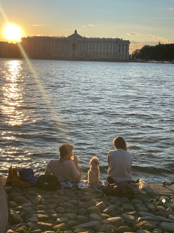 Sunset evening along the Neva embankment in Saint Petersburg