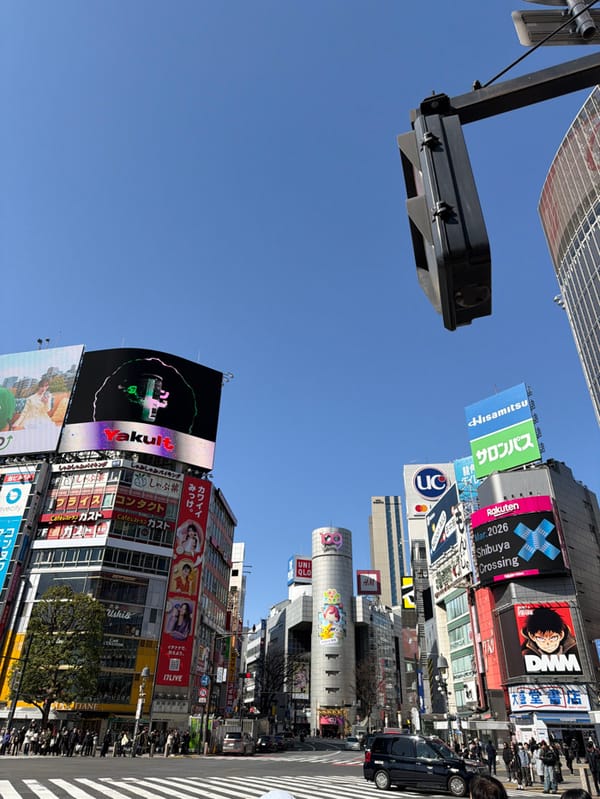 Clear skies over busy Shibuya Crossing pedestrian traffic