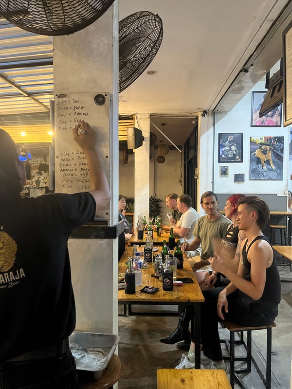 Evening social gathering documented at Mengwi bar