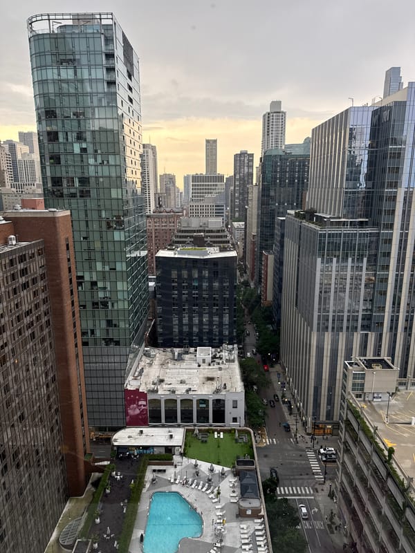 Chicago evening: city skyline and an indoor pool