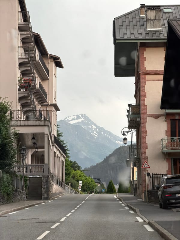 Rainy evening drive through Saint-Gervais-les-Bains, Mont Blanc overhead