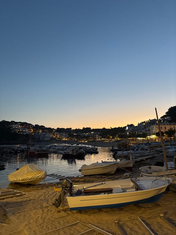 Fishing harbor at dusk in Calella de Palafrugell, Spain