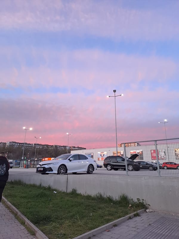 Evening sky photographed over parking lot in Veliko Tarnovo
