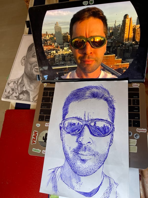 Artist draws sunglasses portrait with cityscape reflections in Jos