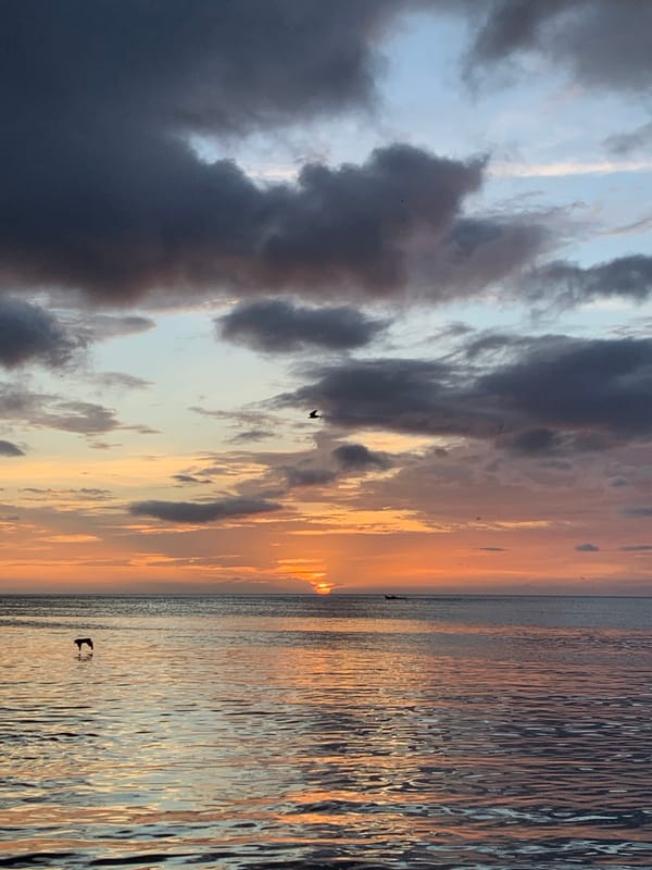 Sunset over Juan Griego bay, fishing boats and stormy skies