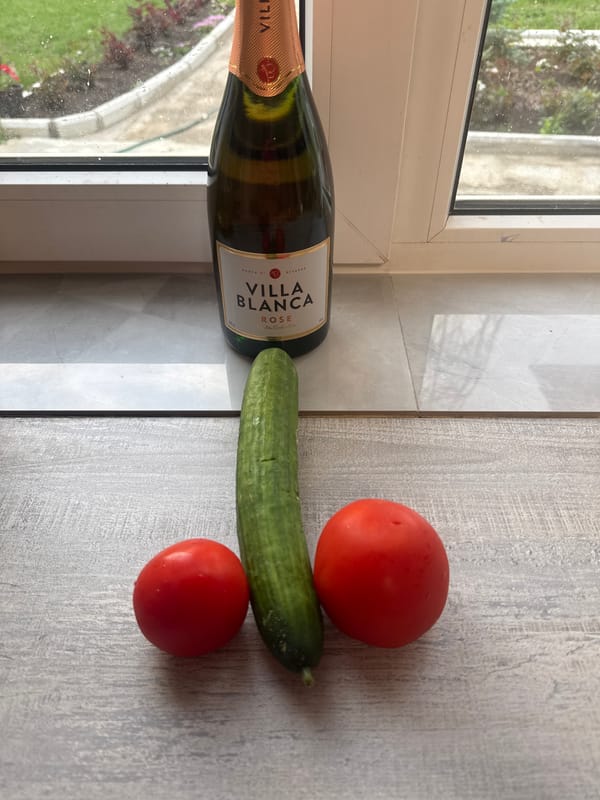 Woman photographed with wine and vegetables in Chaikovsky kitchen