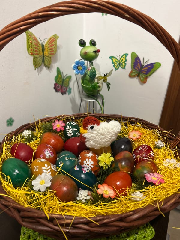 Easter basket with decorated eggs photographed in Pazardzhik, Bulgaria
