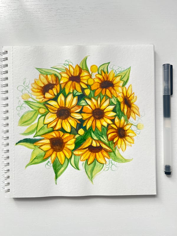 Sunflower watercolor painting documented in Russian sketchbook