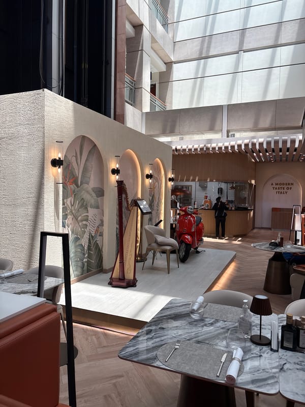 Modern Italian restaurant interior captured in Dubai morning light