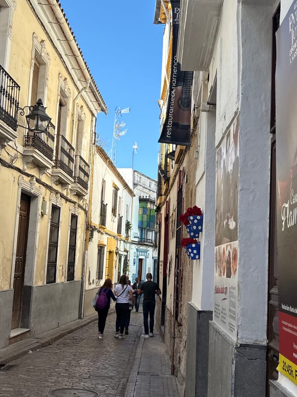Morning foot traffic on decorative street in Córdoba, Spain